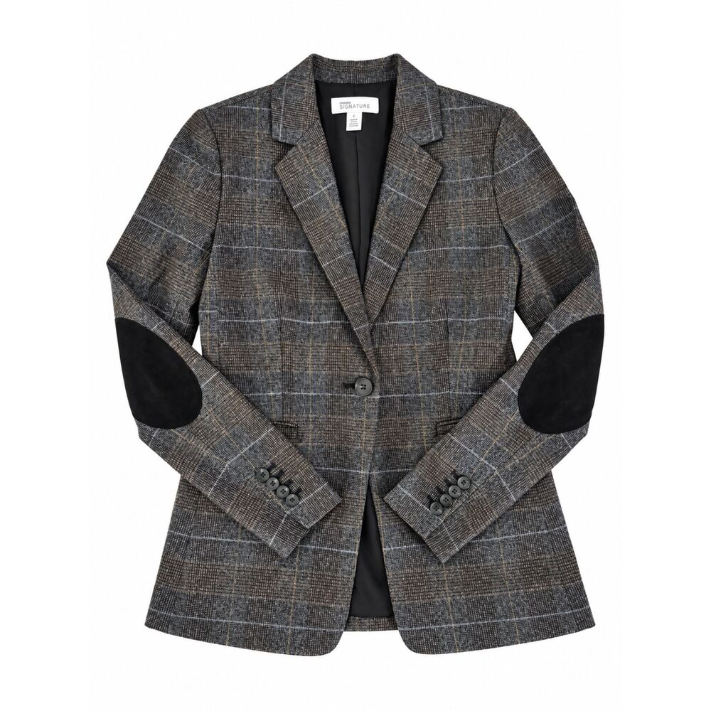 Nordstrom Signature Gray Plaid Blazer with Black Elbow Patches Wool Blend Sz 2